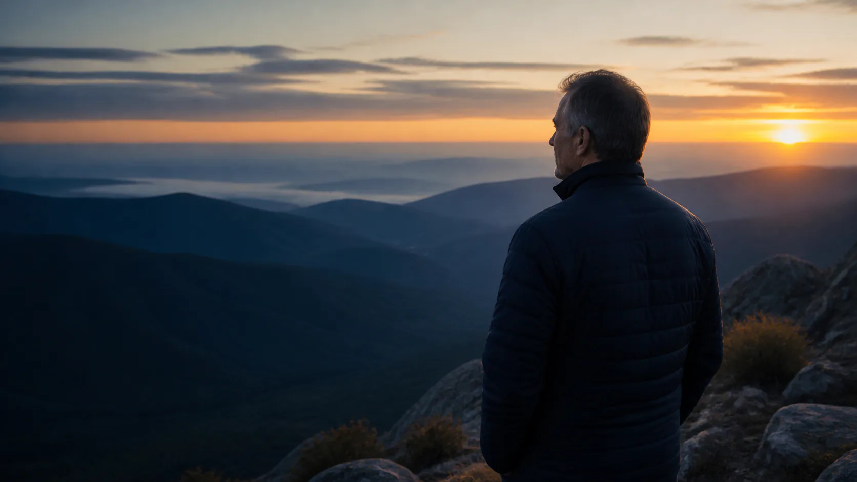 A leader looking across a mountain landscape at sunrise