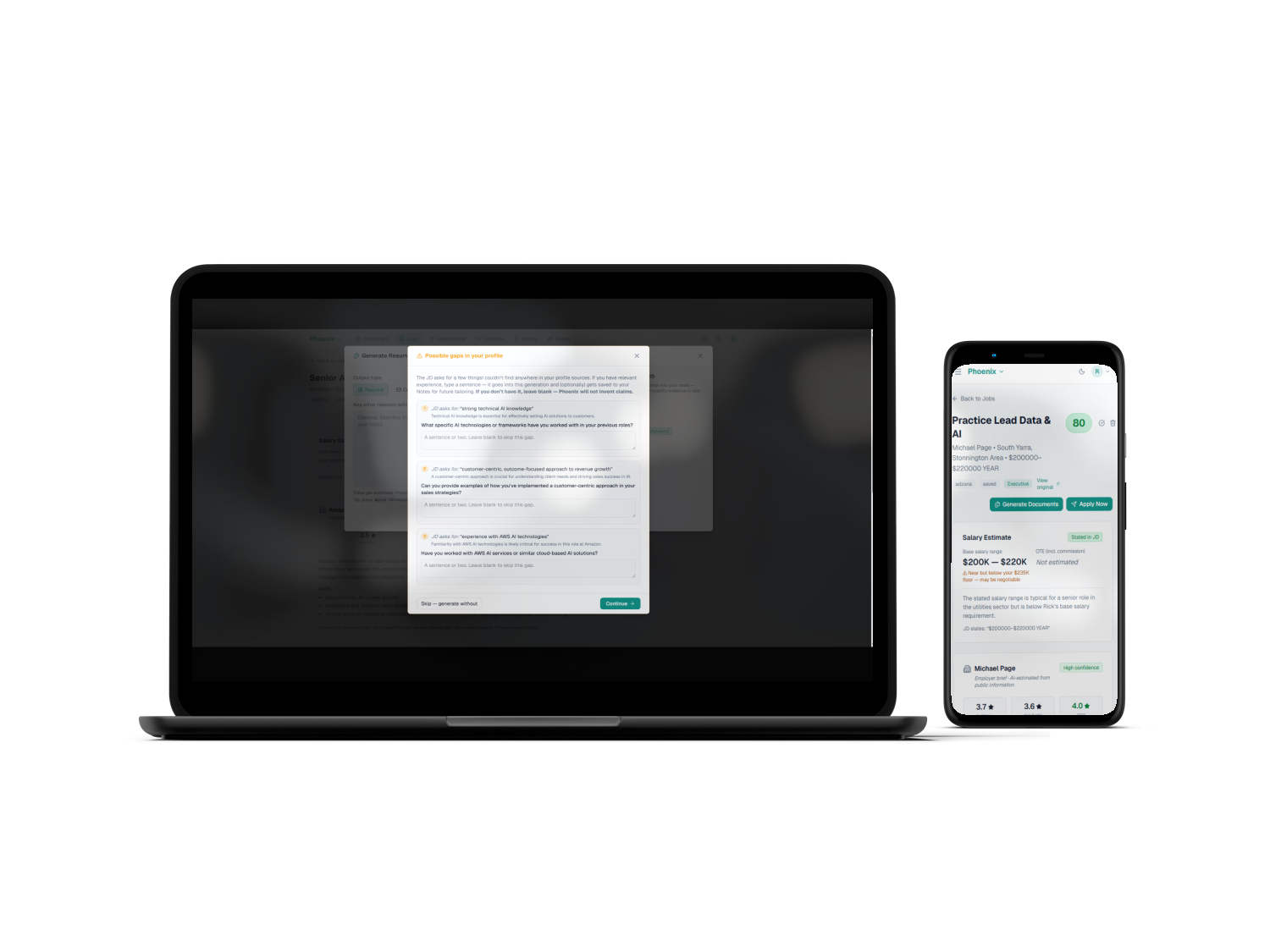 Phoenix's job-application screen on desktop and mobile, showing a resume gap check and a scored job match