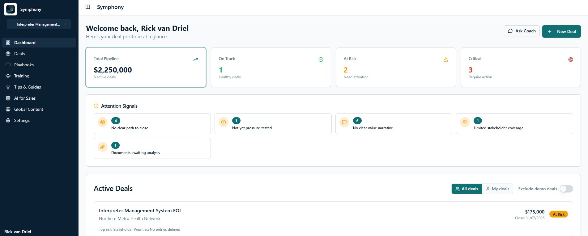 The real Symphony dashboard showing deal health and stakeholder progress