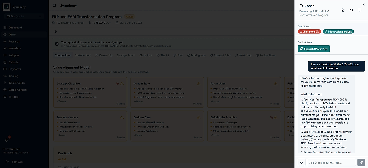 AI Coach answering a live CFO-meeting question with a deal-specific plan