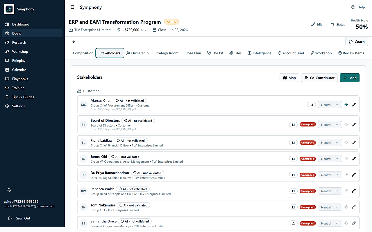 Stakeholder list with role, level, stance and trust status