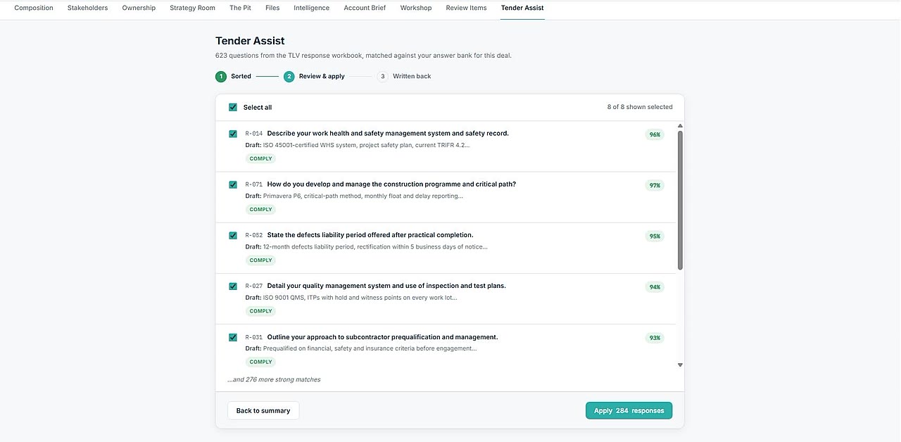 Tender Assist review and apply view, answers written back with compliance call and source