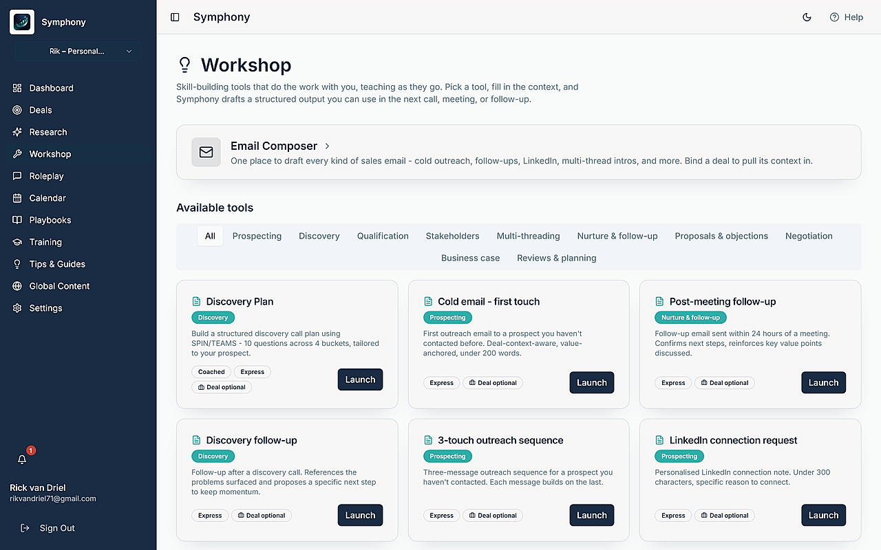 The Workshop library of guided sales tools across the deal stages
